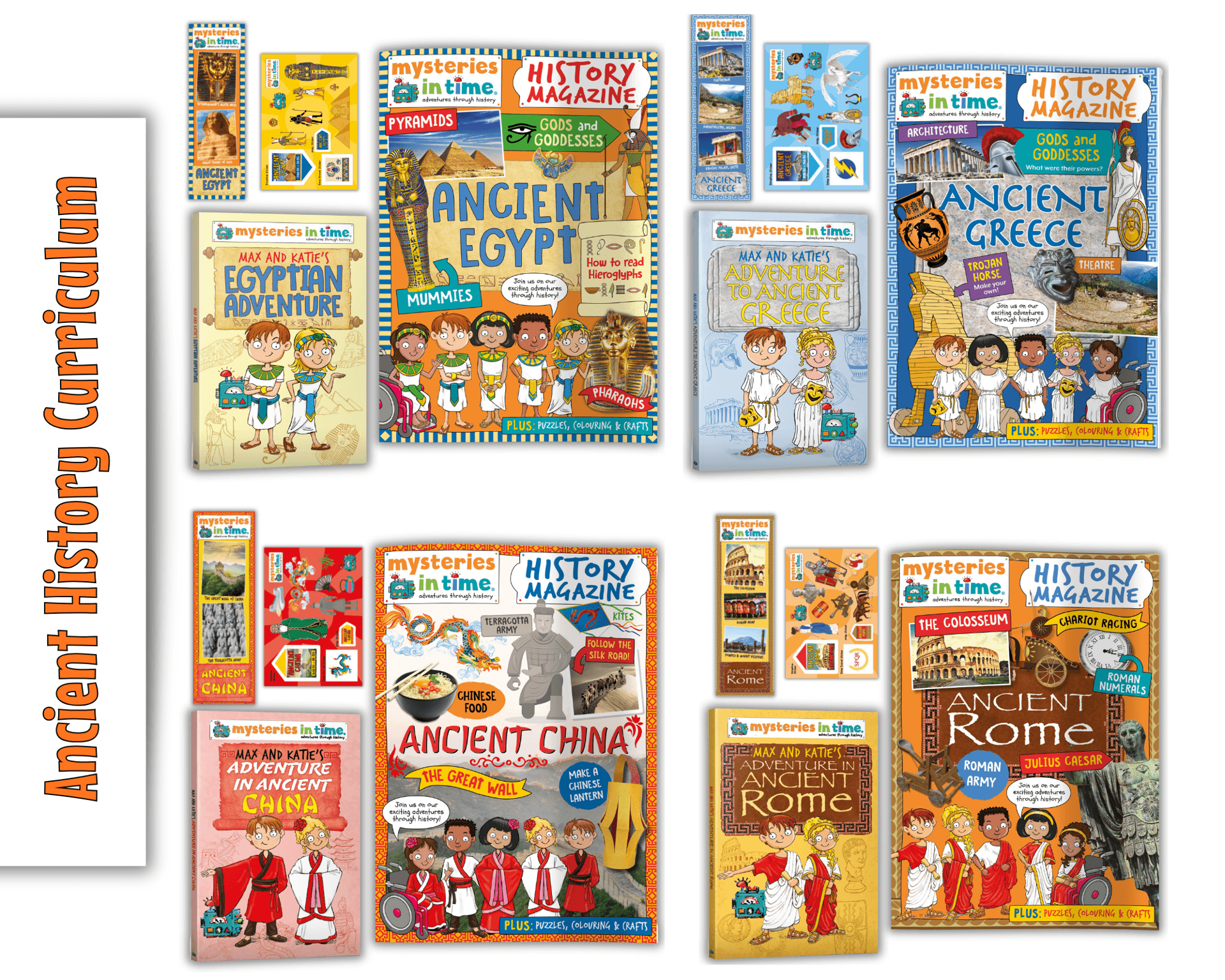 Ancient History curriculum featuring Egypt, Greece, Rome and China learning packs with magazines, adventure books, stickers and bookmarks
