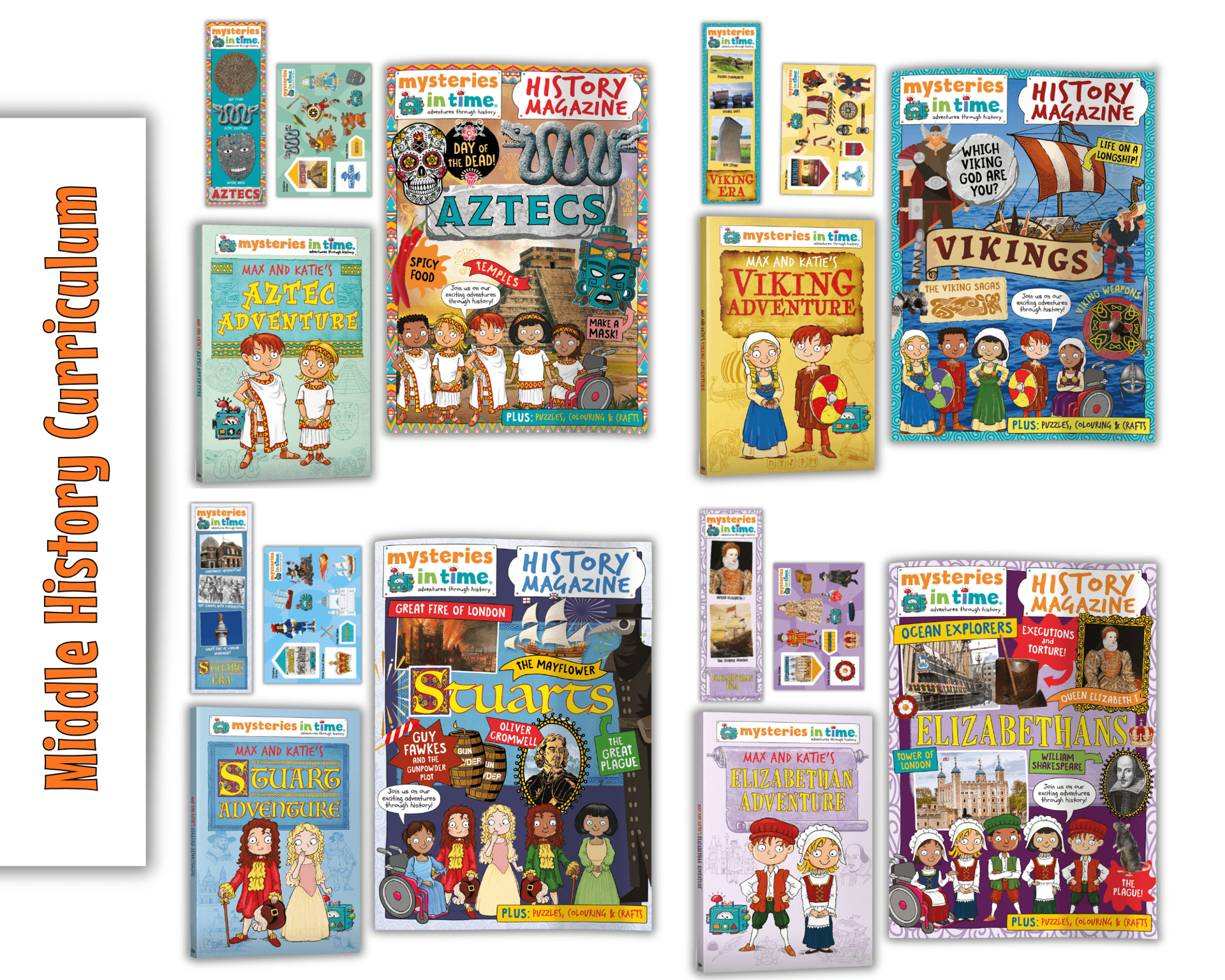Middle History curriculum featuring Vikings, Aztecs, Tudors and Stuarts learning packs with magazines, adventure books, stickers and bookmarks