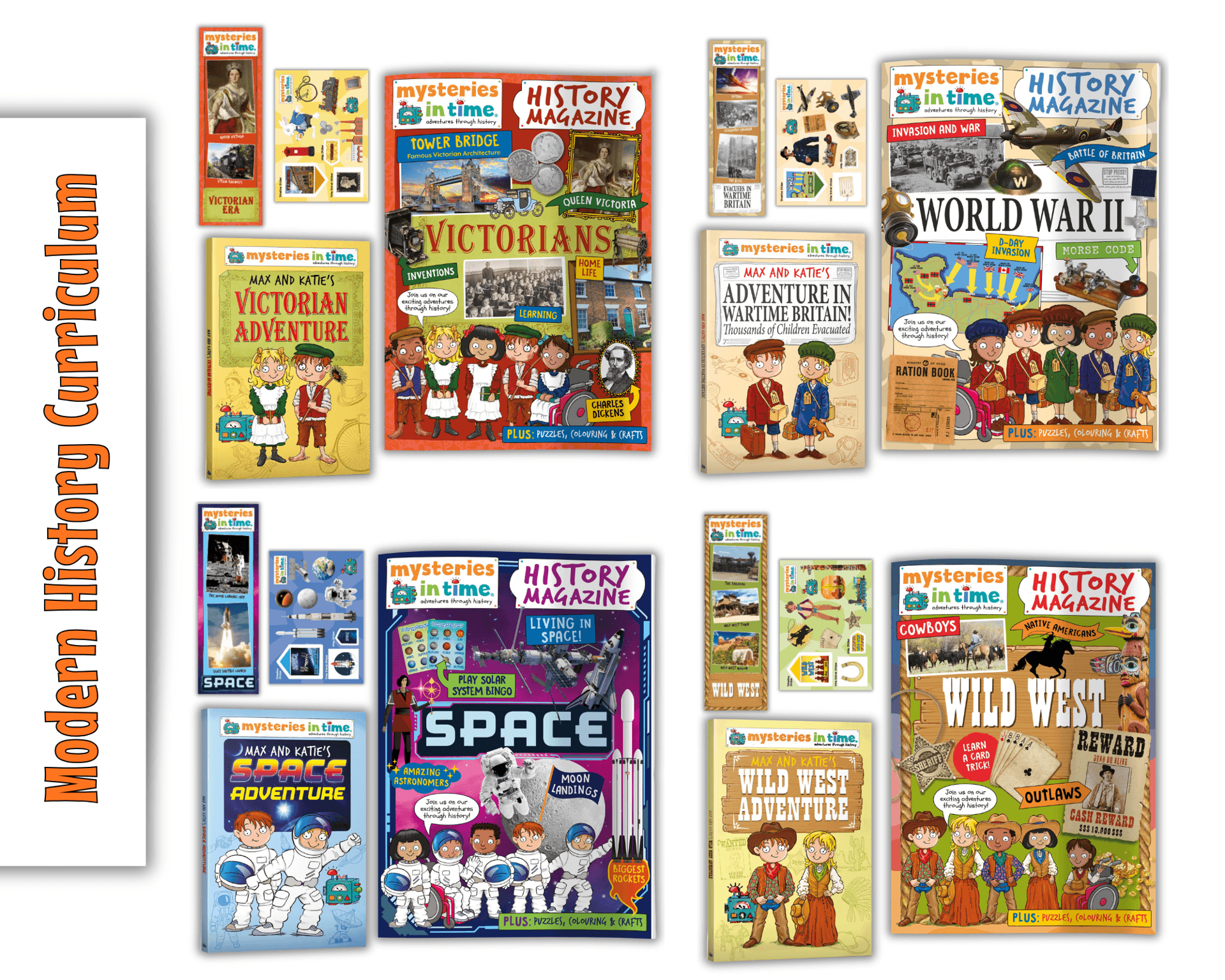 Modern History curriculum featuring Victorians, Wild West, WW2 and Space learning packs with magazines, adventure books, stickers and bookmarks