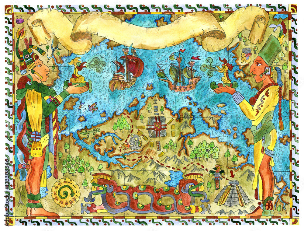 An ancient Mesoamerican pyramid evoking the great Aztec city of Tenochtitlan, the capital of the Aztec Empire