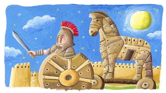 Ancient Greek mythology scene featuring classical art and heroic imagery, evoking the legendary tales of Medusa, the Minotaur, and the Trojan War