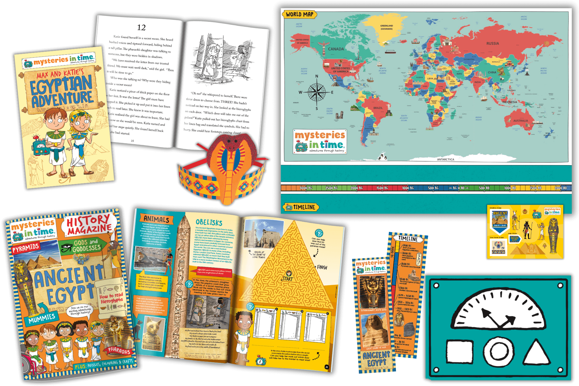 Mysteries in Time educational history materials spread showing magazine, adventure story, world map, timeline, sticker sheet, hands-on activities, and historical recipes