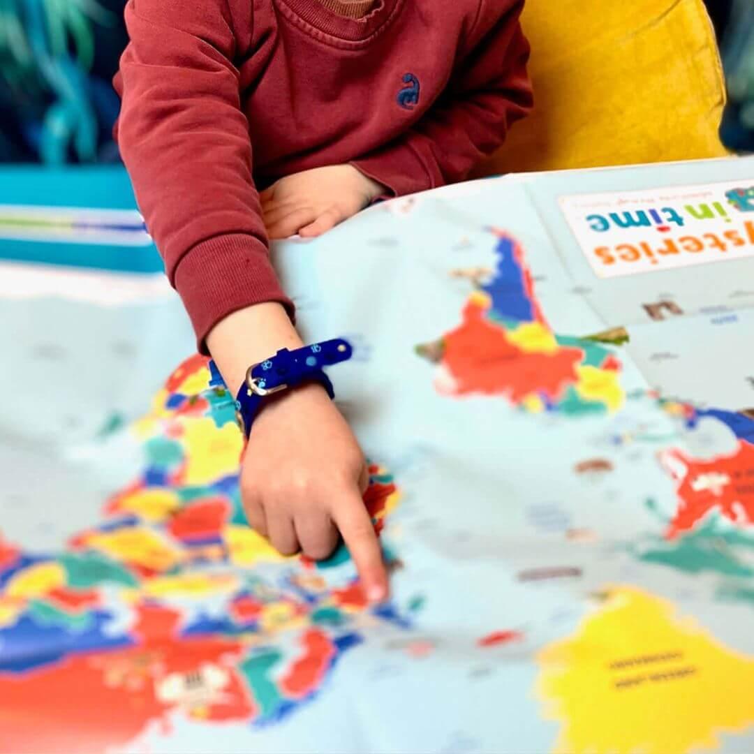 Mysteries in Time history subscription box showing illustrated world map with historical landmarks for children