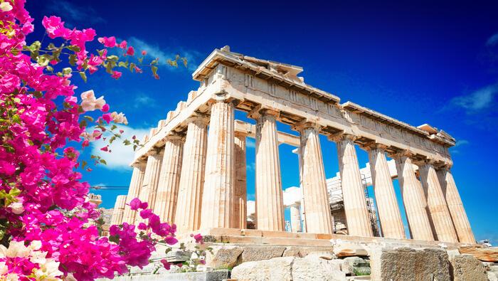 Ancient Greek Parthenon temple with majestic marble columns