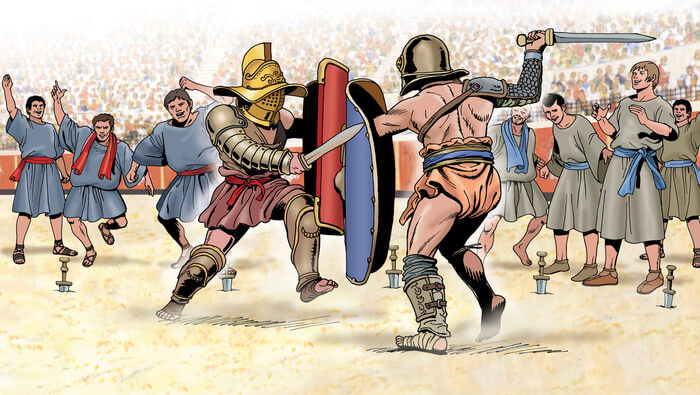 Child-friendly illustration of Roman gladiators in an amphitheatre, featuring warriors with shields and helmets in an exciting but educational scene for young history learners