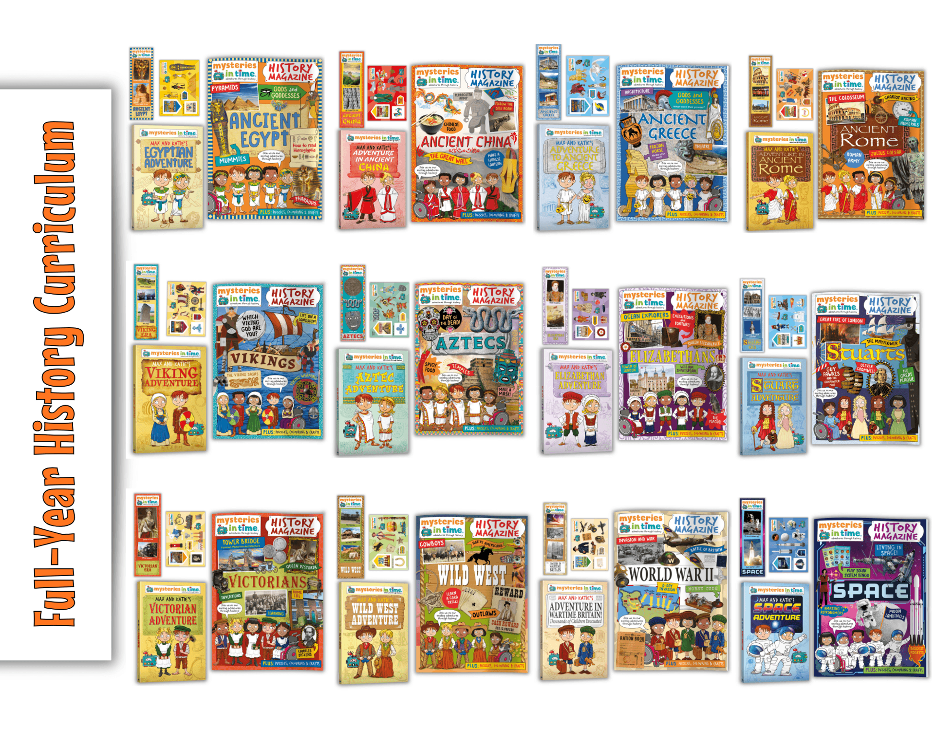 Full-Year History curriculum featuring all 12 magazine packs covering Ancient, Middle and Modern history for grades 1-5