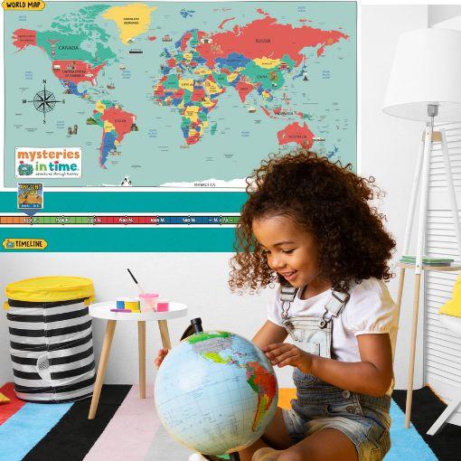 Girl with globe learning history
